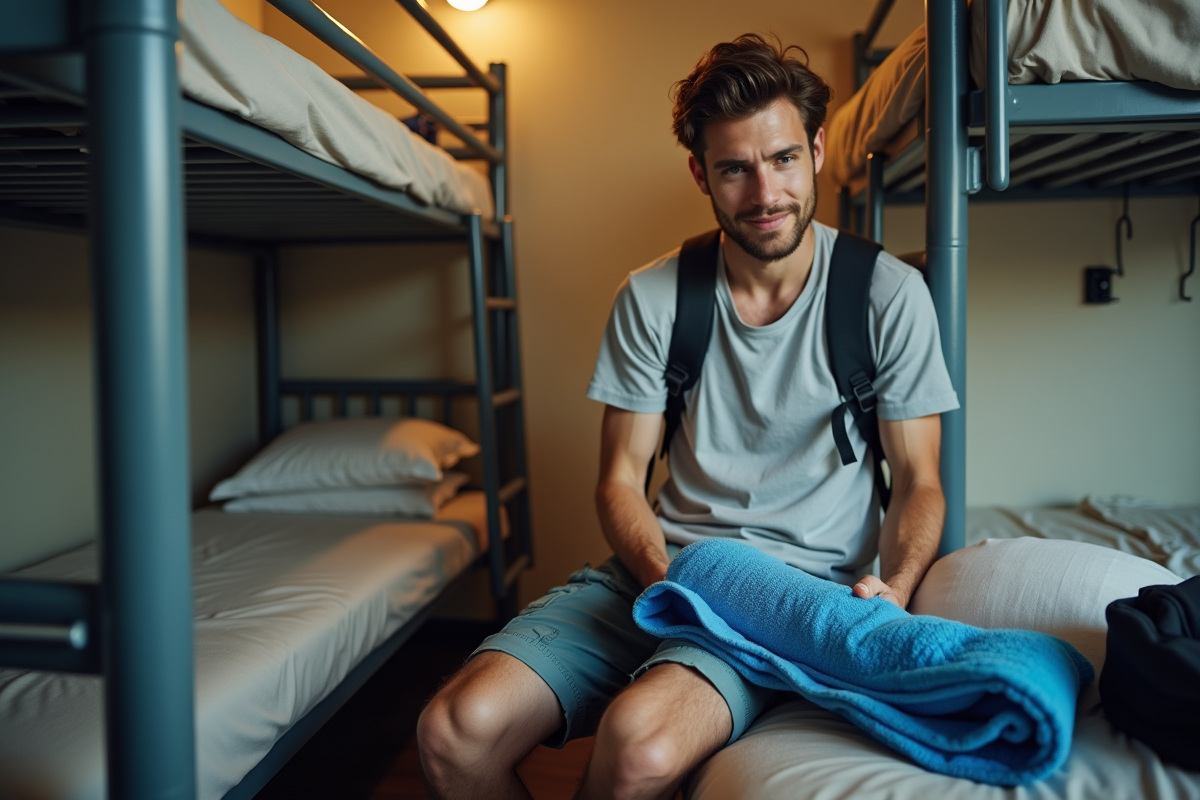 Jeune homme roulant une serviette dans une chambre d