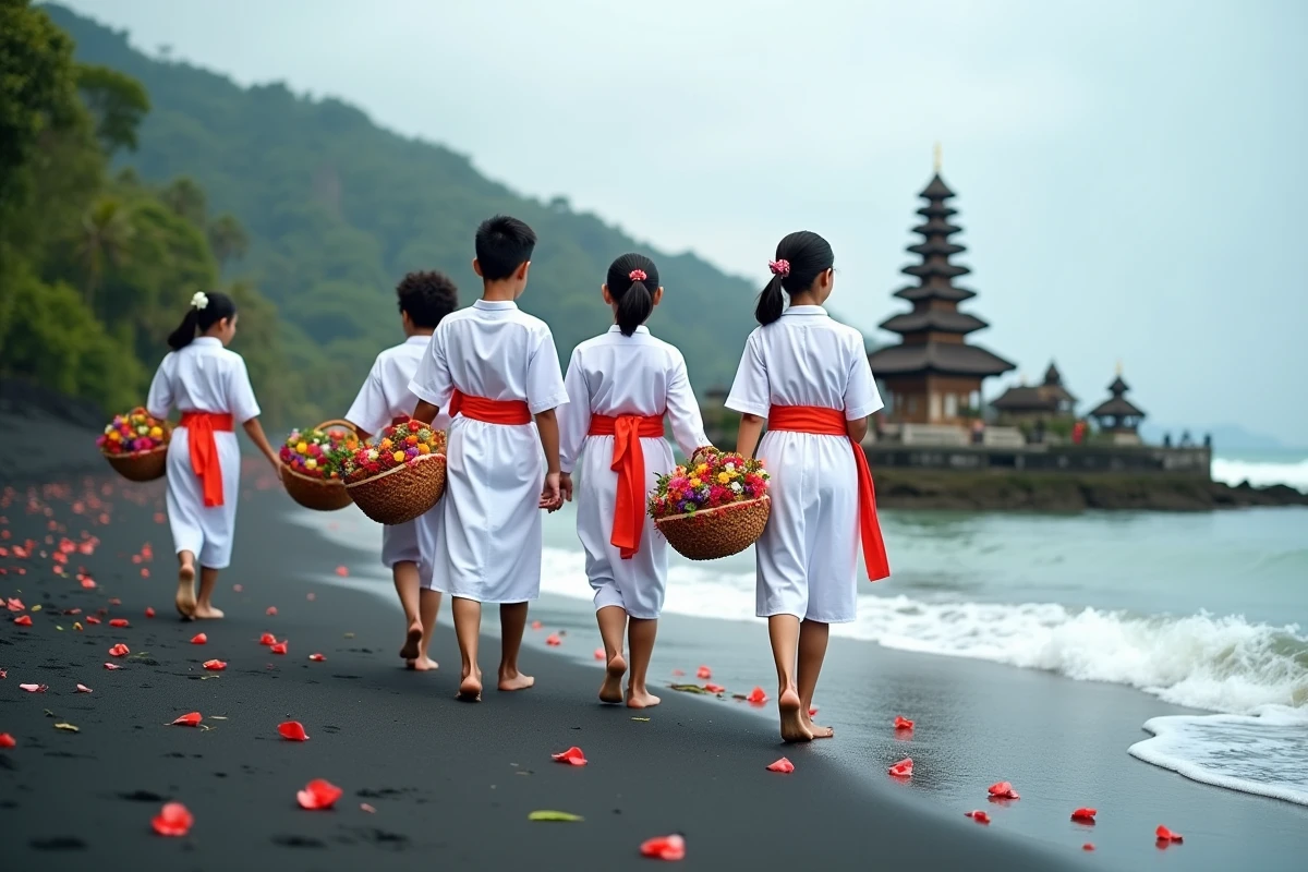 Jeunes balinais portant des paniers d