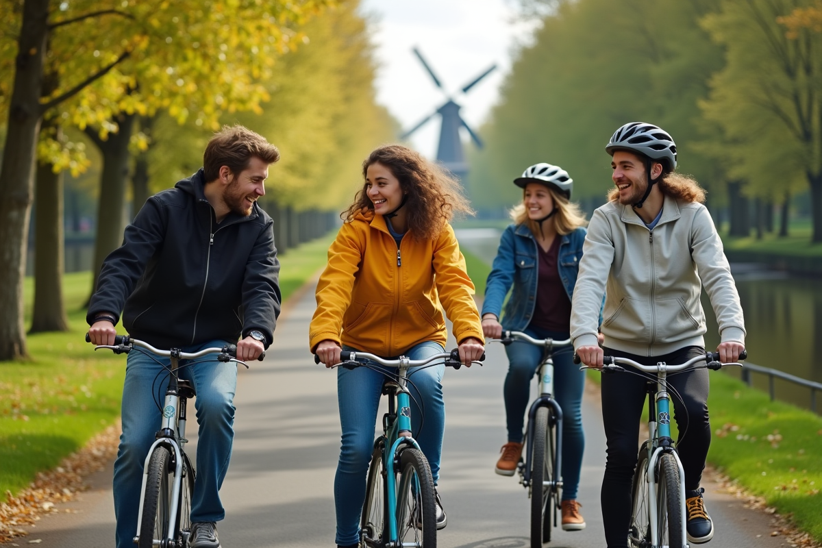 Jeunes néerlandais à vélo en groupe au bord de l