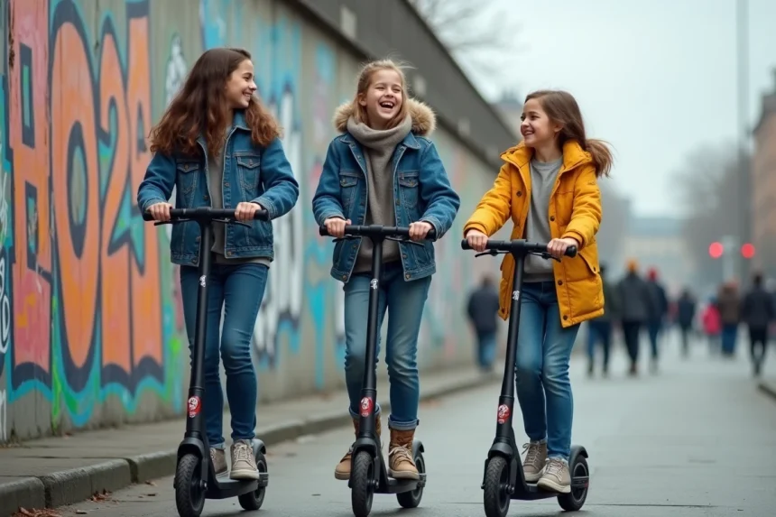 Trois adolescents en scooter devant le mur de Berlin coloré