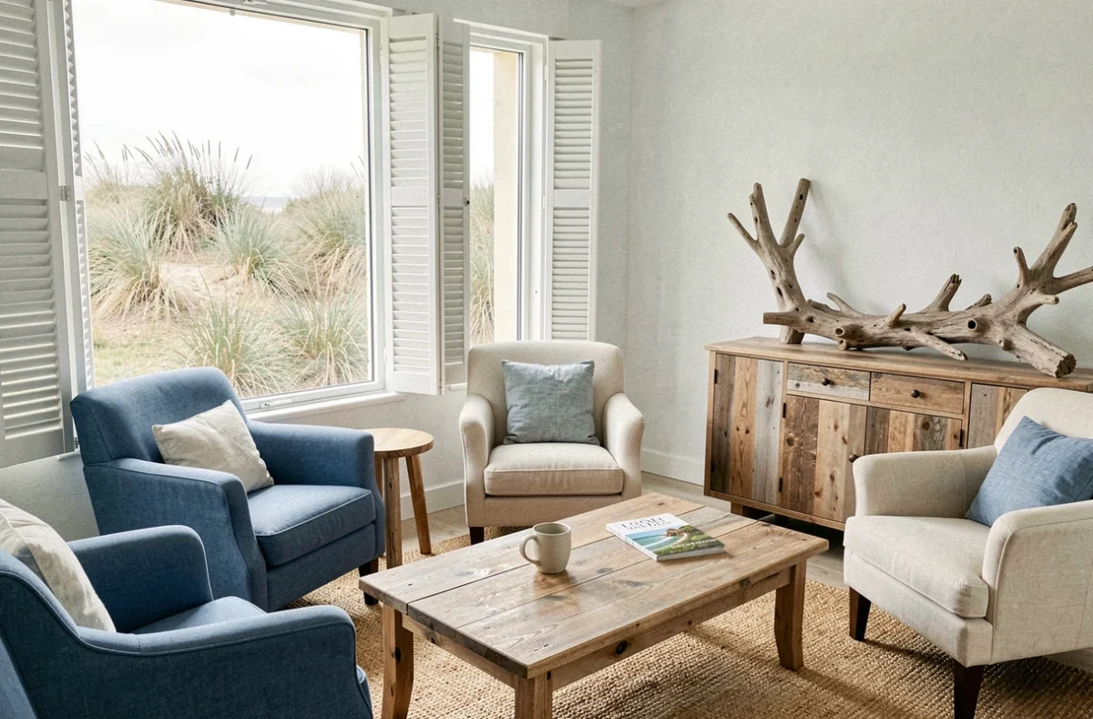 Salon cosy du Logis Hôtel Au Gré du Vent avec décoration côtière en bois flotté et vue sur les dunes