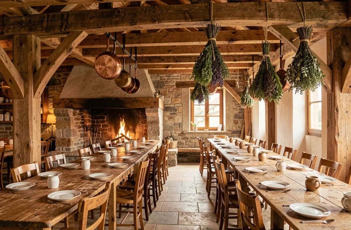 Salle de restaurant rustique de l'Auberge du Colombier et la Ferme Gourmande avec cheminée en pierre et poutres en bois