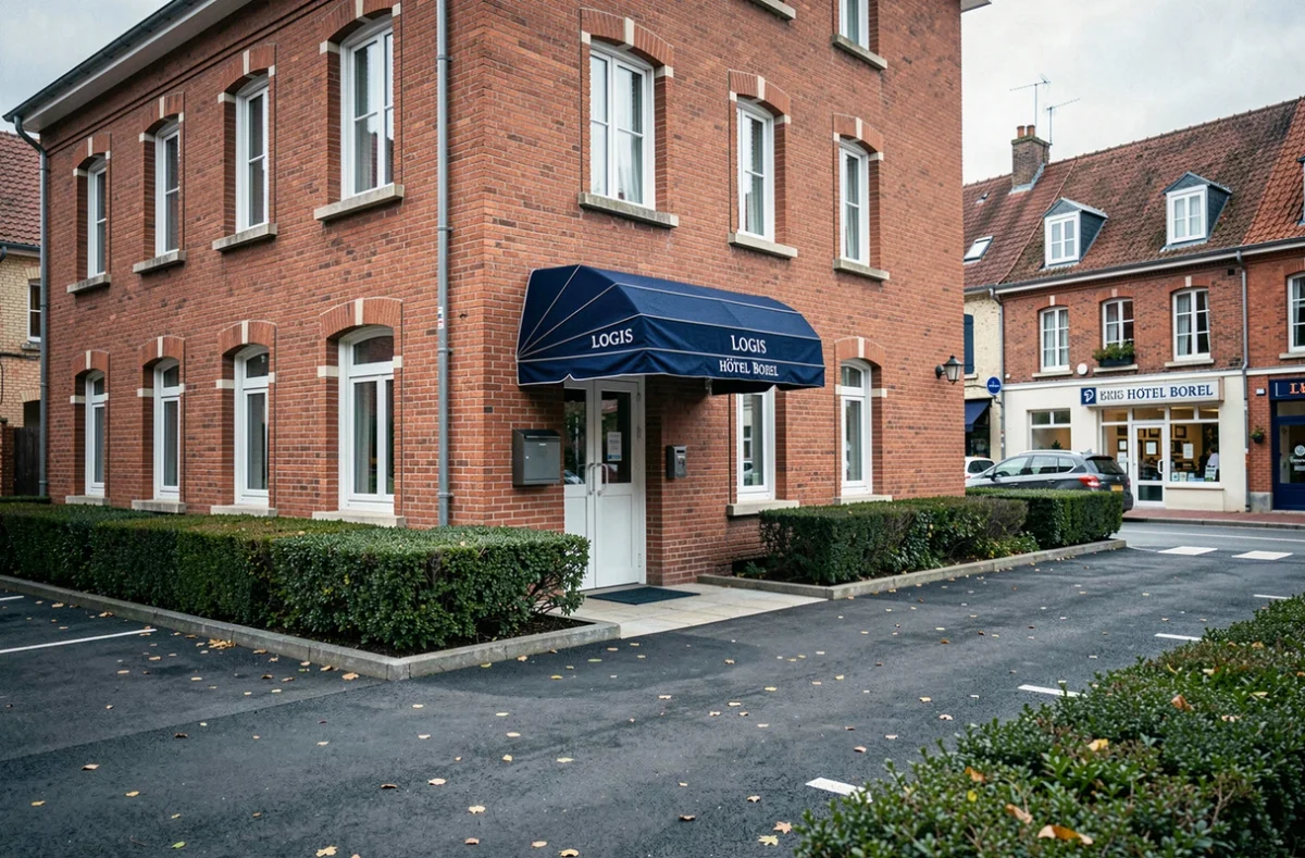Façade en brique rouge typique du Logis Hôtel Borel avec auvent bleu marine à l'entrée principale