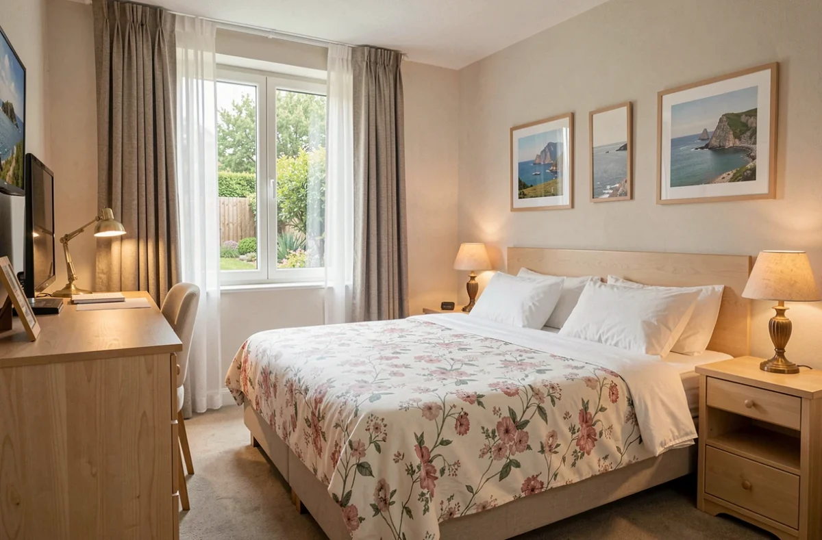 Chambre confortable du Logis Hôtel Cottage avec mobilier en bois clair et vue sur le jardin paisible