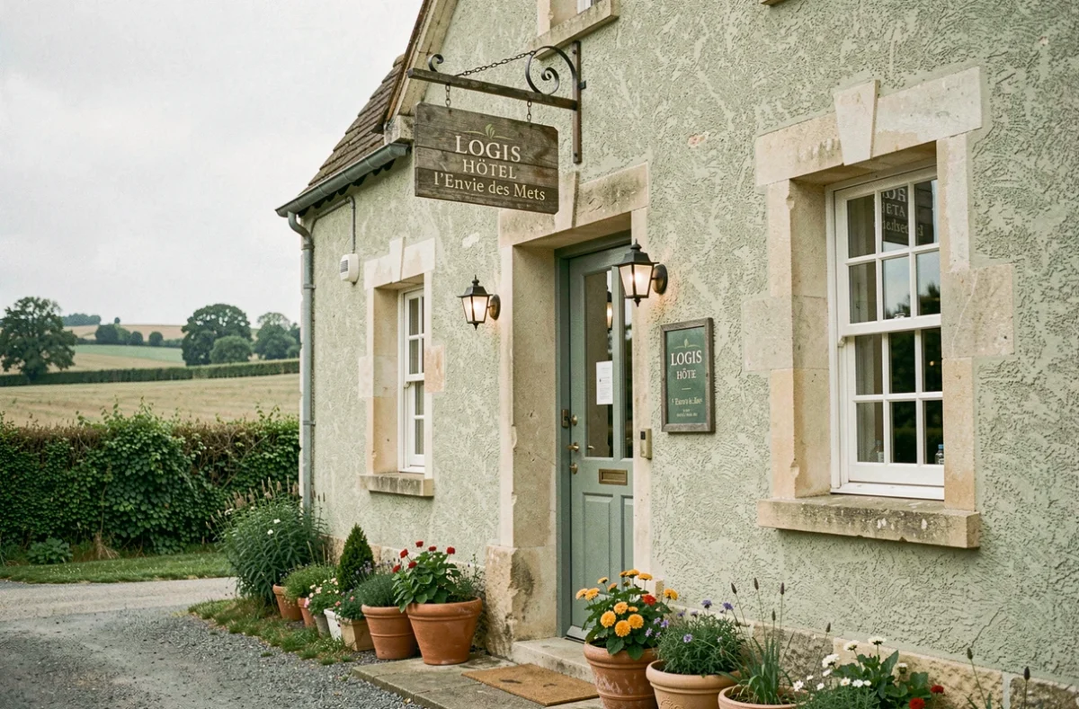 Façade traditionnelle du Logis Hôtel l'Envie des Mets avec enseigne en bois et fleurs en pot à l'entrée