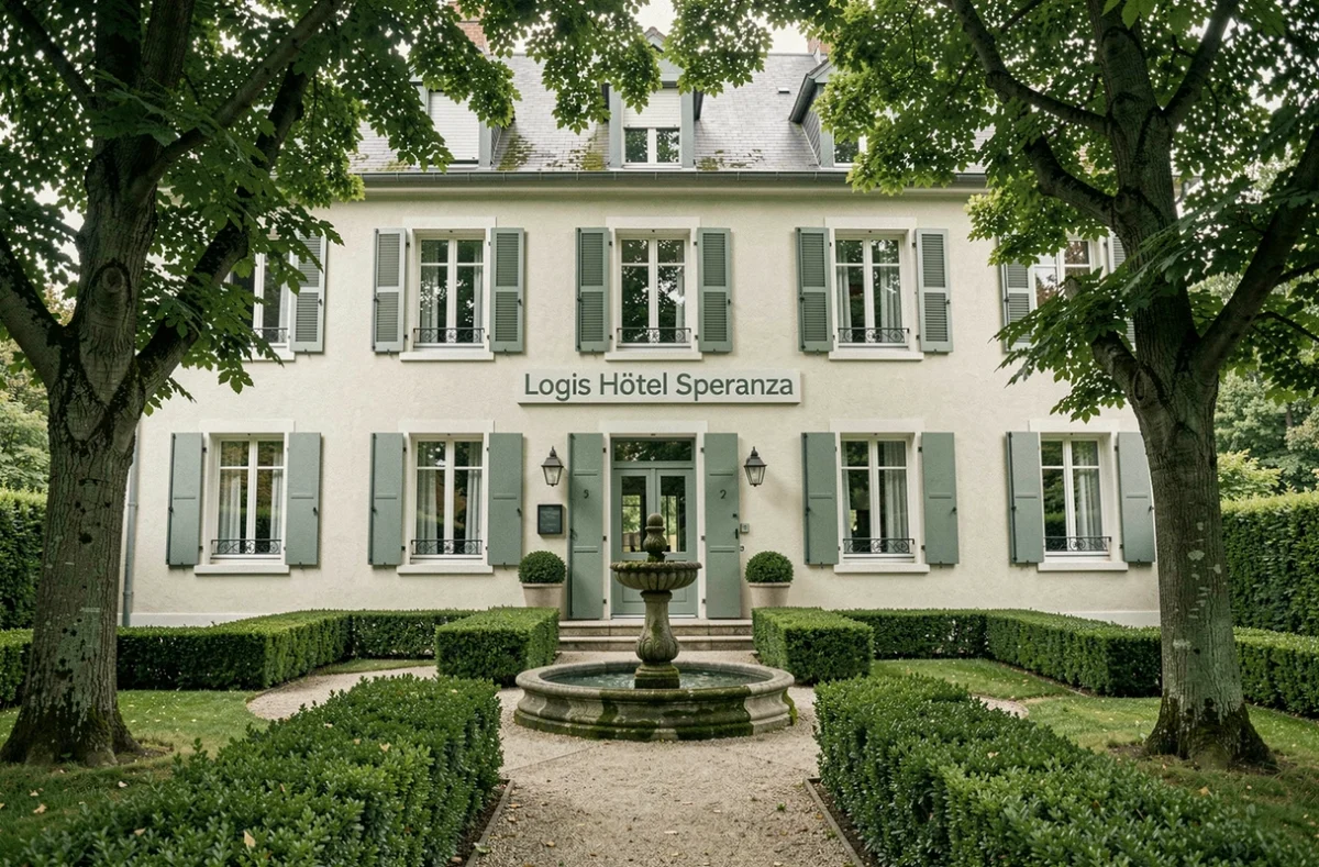Extérieur accueillant du Logis Hôtel Speranza avec jardin soigné et fontaine en pierre dans la cour
