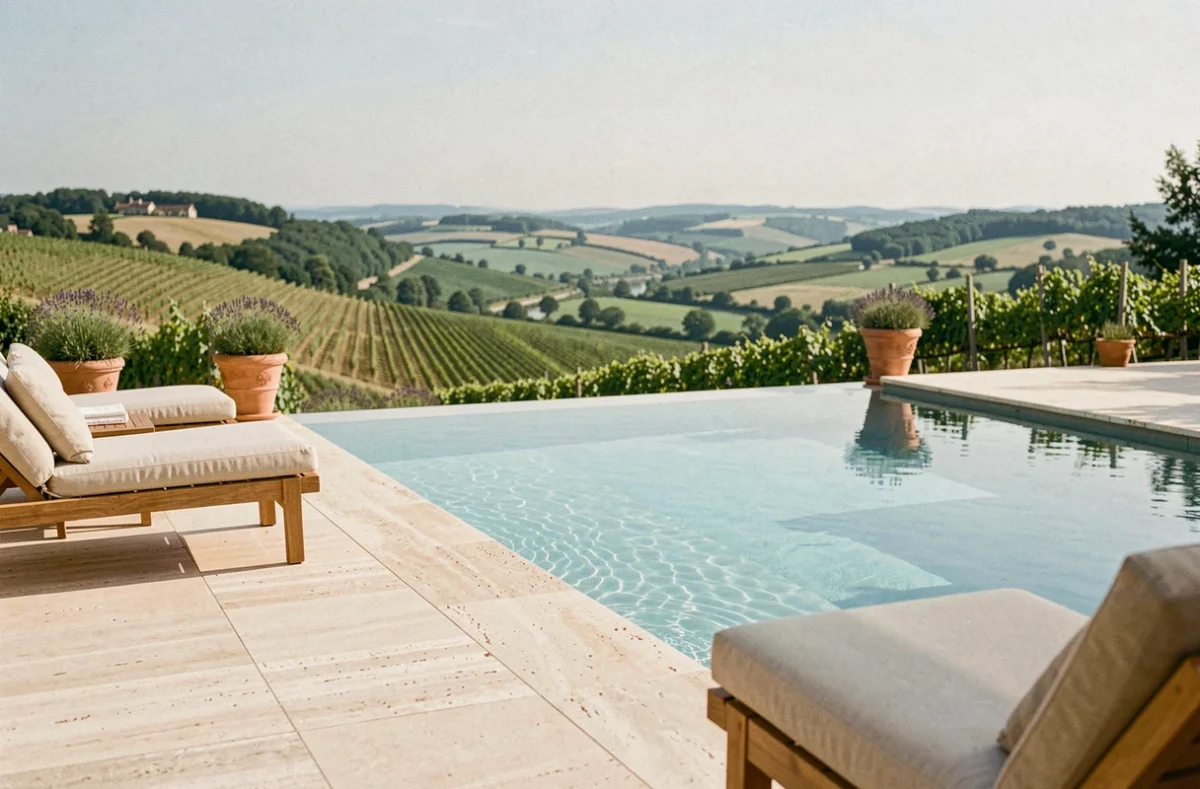 Piscine à débordement des Terrasses de Saumur et Spa avec vue panoramique sur le vignoble et la vallée de la Loire