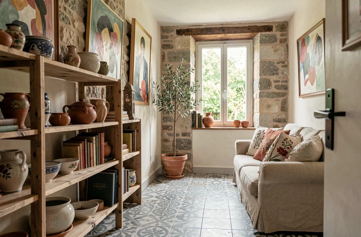 Intérieur artistique et raffiné de Maison Artefact à Lamballe-Armor avec objets chinés, céramiques et murs en pierre