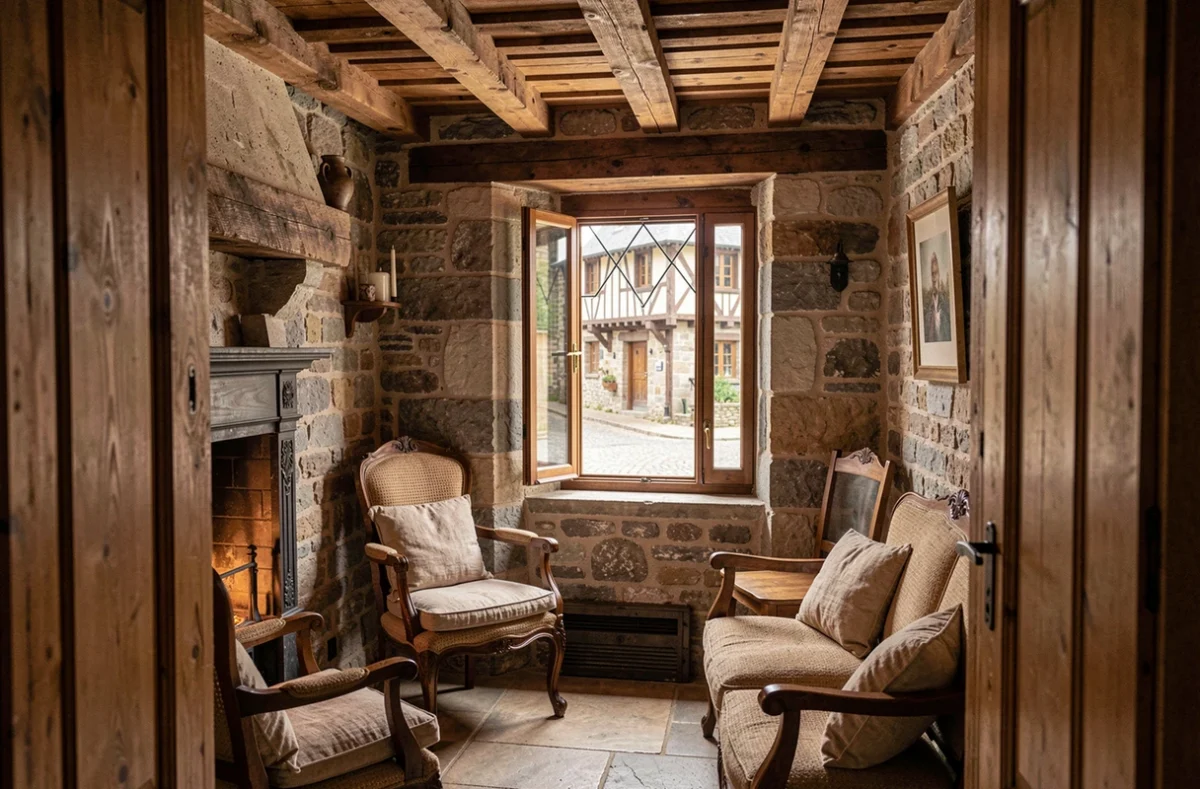 Intérieur chaleureux de La Maison Pavie à Dinan avec poutres en chêne, murs en pierre et vue sur les ruelles médiévales