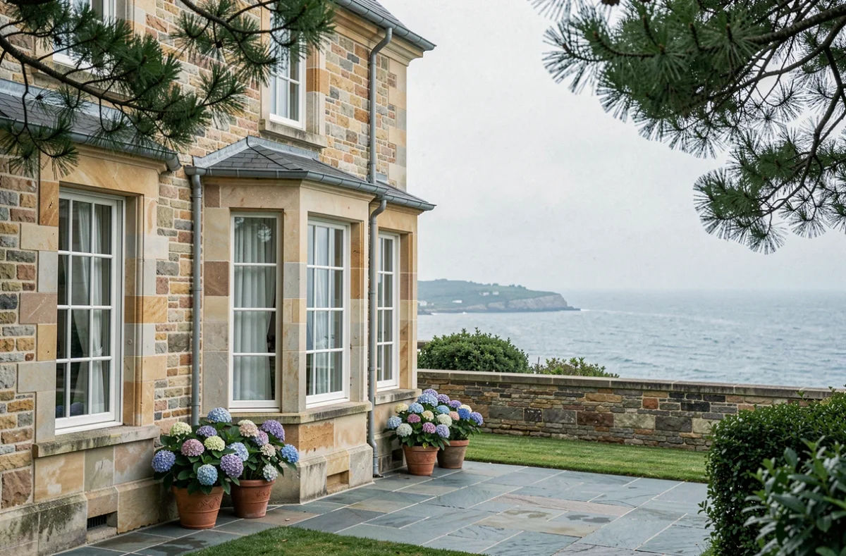 Façade élégante du Manoir de Lan Kerellec à Trébeurden avec terrasse en pierre et vue sur la mer