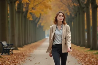 Femme se promenant seule sur un chemin de gravier ombragé dans le Bois de Vincennes à Paris en automne