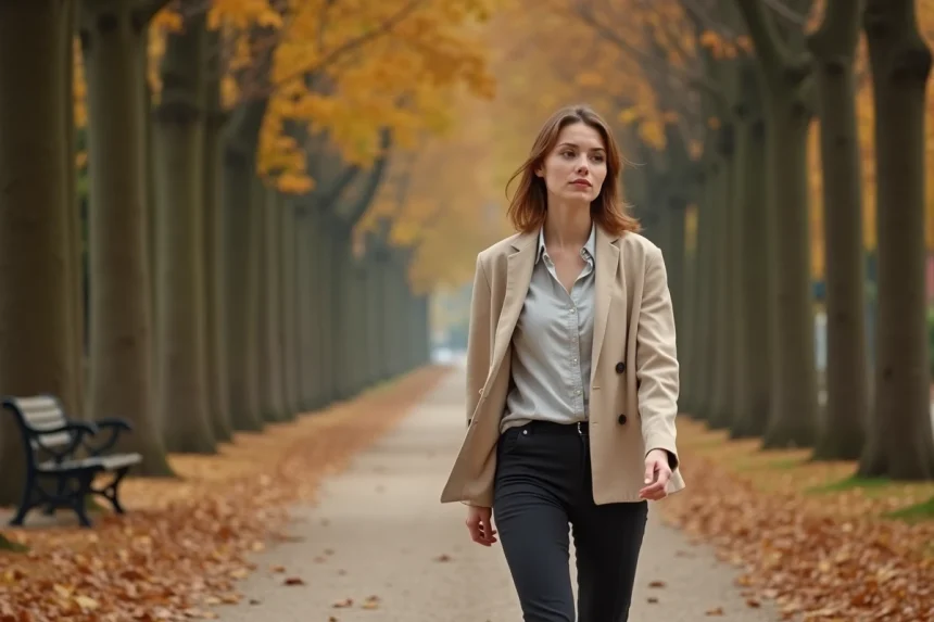 Femme se promenant seule sur un chemin de gravier ombragé dans le Bois de Vincennes à Paris en automne