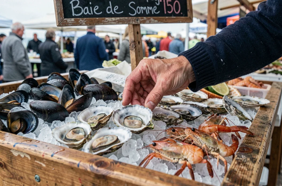 Étal de fruits de mer frais de la Baie de Somme au marché de Fort-Mahon-Plage avec huîtres et moules