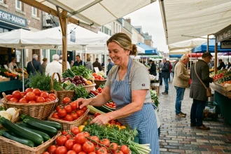 Marchande de légumes frais souriante au marché de Fort-Mahon-Plage sous des tentes blanches