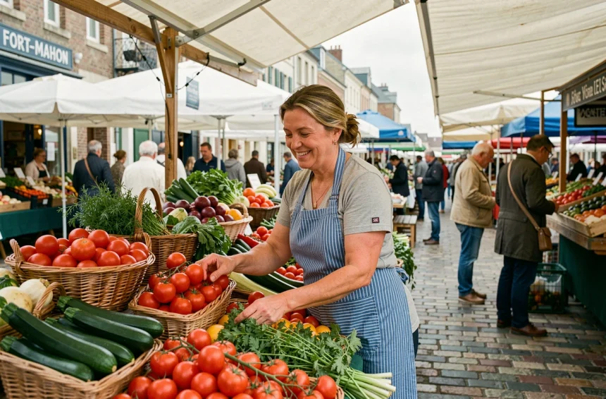 Marchande de légumes frais souriante au marché de Fort-Mahon-Plage sous des tentes blanches