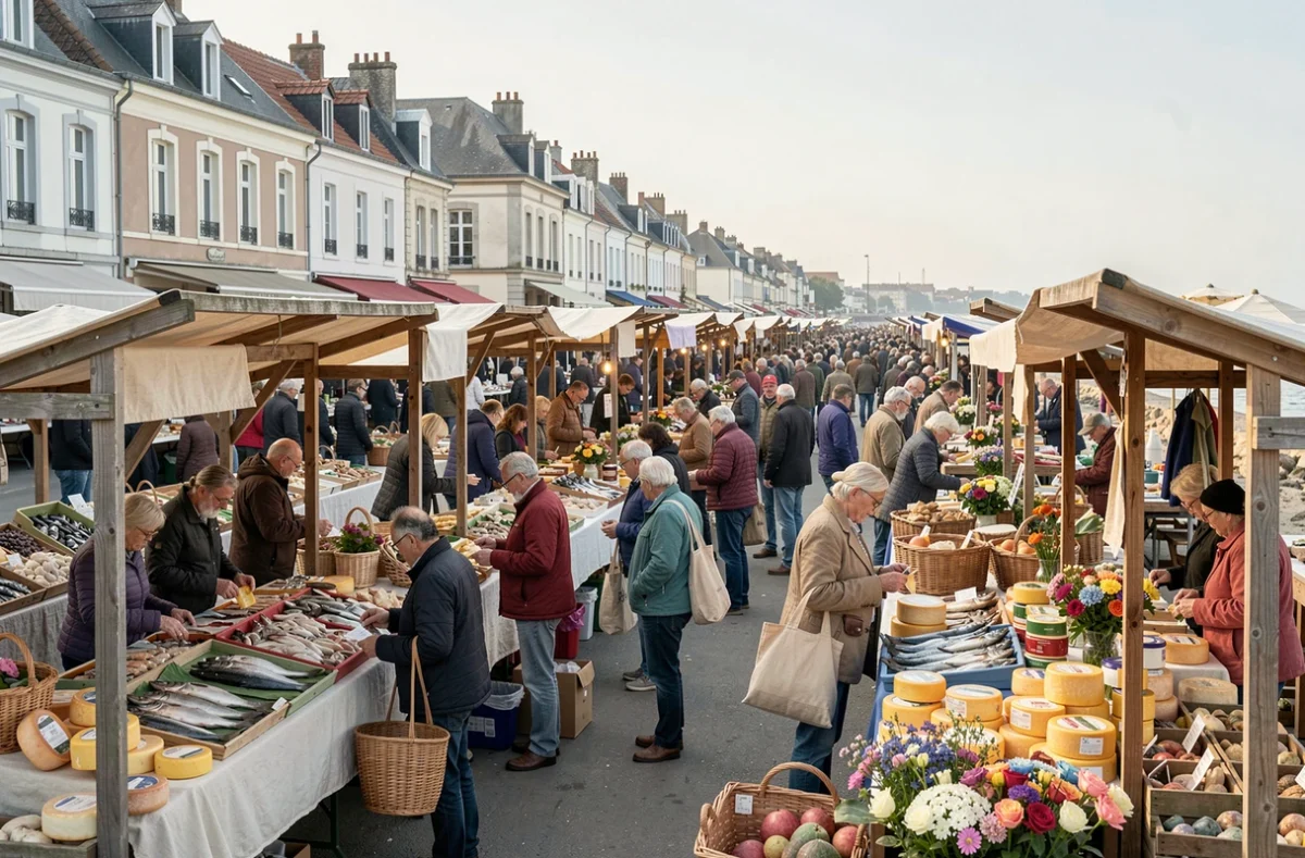 Vue panoramique du marché animé de Fort-Mahon-Plage avec de nombreux visiteurs et étals colorés