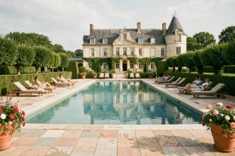 Piscine extérieure d'un hôtel de luxe dans les Pays de la Loire entourée de verdure et d'architecture en pierre