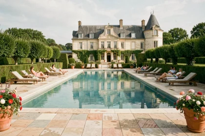 Piscine extérieure d'un hôtel de luxe dans les Pays de la Loire entourée de verdure et d'architecture en pierre
