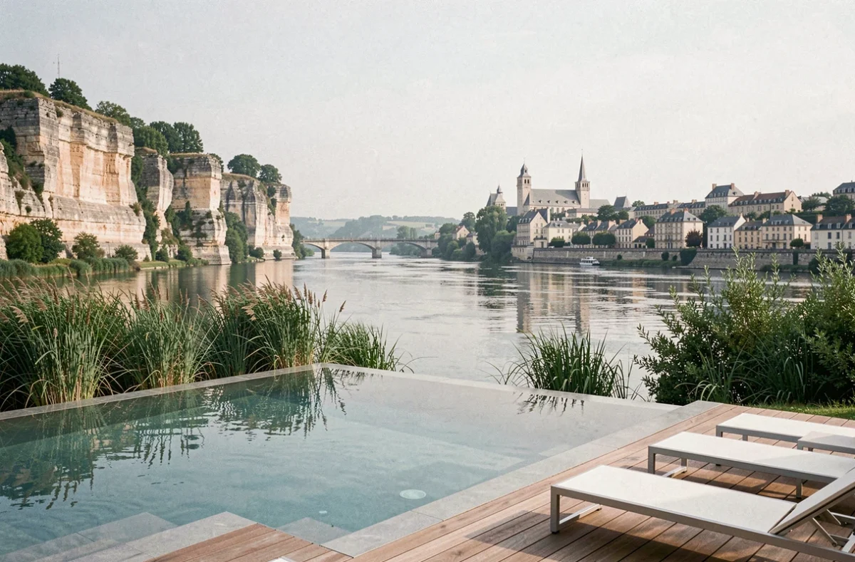 Piscine extérieure du Mercure Bords de Loire à Saumur avec vue sur le fleuve et les falaises de tuffeau
