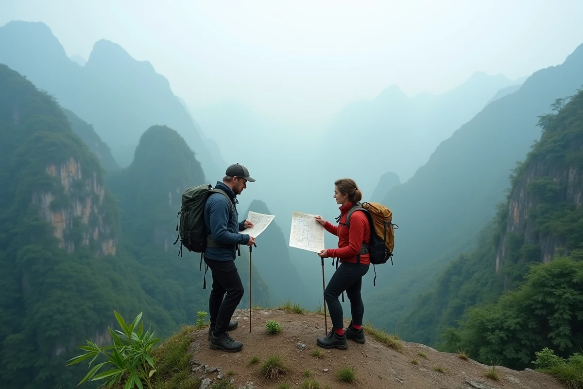 Deux randonneurs consultant une carte sur une crête montagneuse brumeuse à Sa Pa, dans le nord du Vietnam