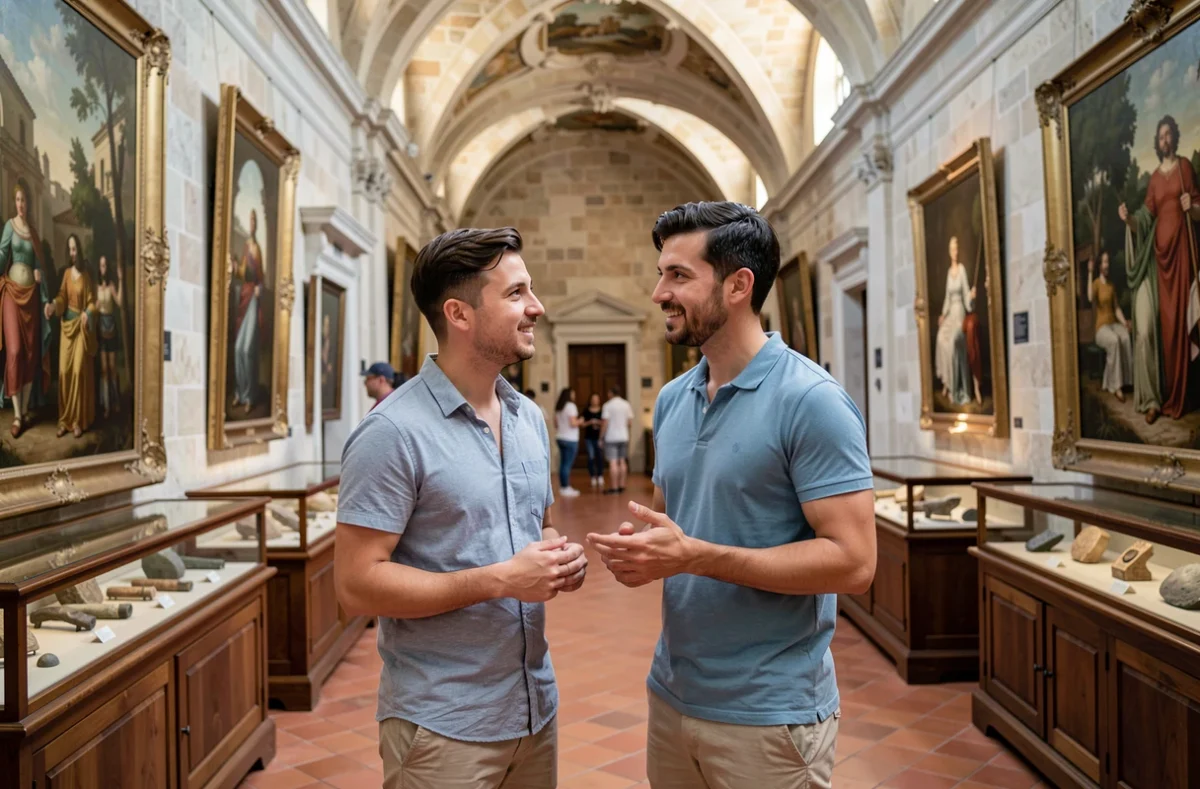 Couple visitant un musée baroque climatisé à La Valette pour échapper à la chaleur estivale maltaise