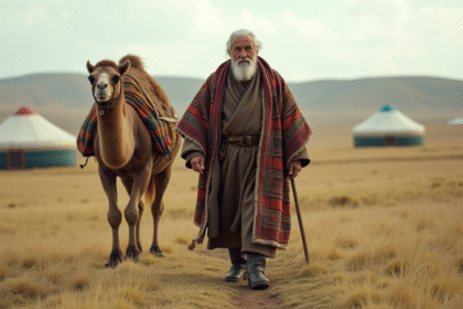 Vie nomade avec un homme âgé et un chameau dans un paysage ouvert