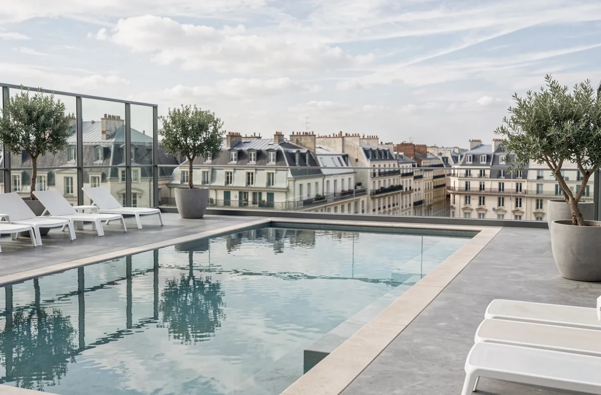Piscine sur le toit de l'Oceania Hôtel de France à Nantes avec vue sur le centre-ville et les toits haussmanniens