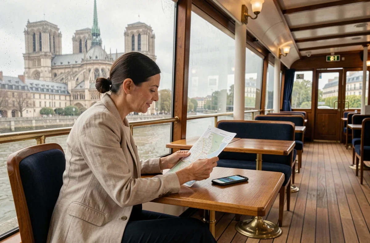 Femme consultant un itinéraire de croisière sur la Seine à bord d'un bateau avec vue sur Notre-Dame