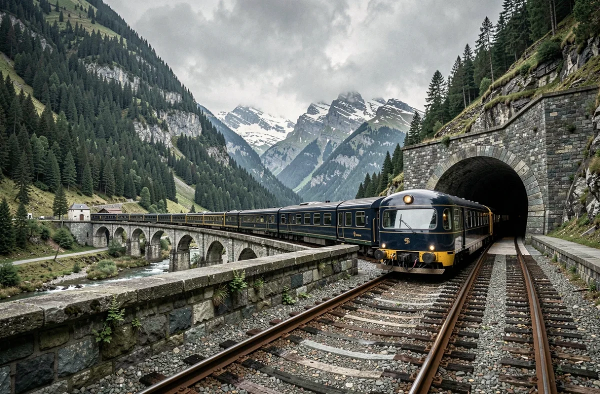Train de l'Orient Express traversant un viaduc alpin au-dessus d'une vallée fluviale entourée de forêts de pins et de sommets enneigés