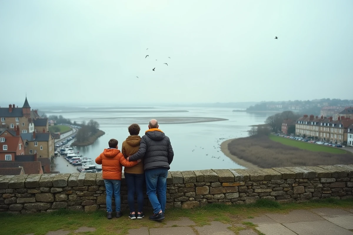 Vue panoramique depuis les hauteurs de Saint-Valery-sur-Somme sur le port et l'estuaire de la baie de Somme avec une famille en contemplation