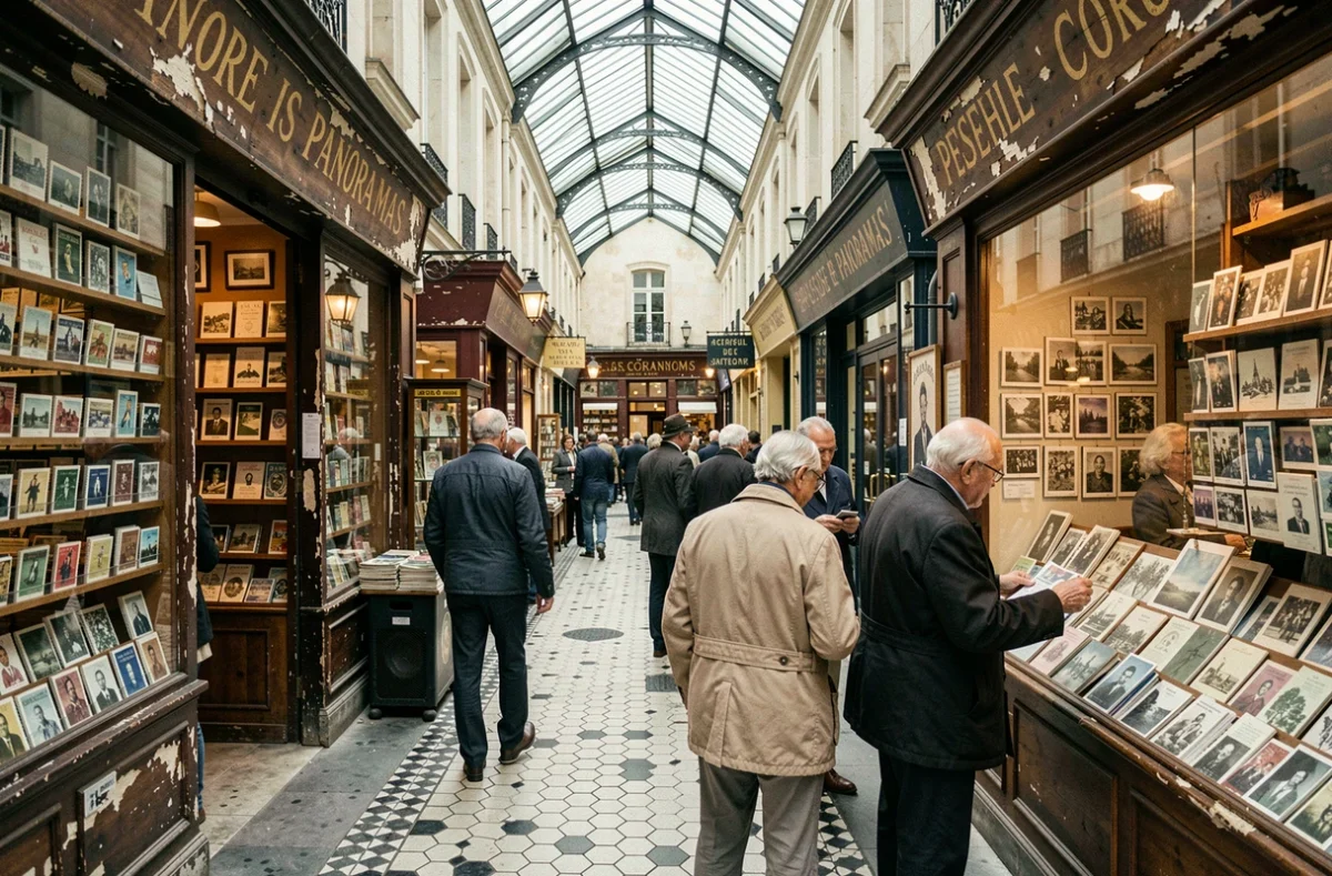 Passage des Panoramas à Paris avec boutiques de philatélie et décor du XIXe siècle