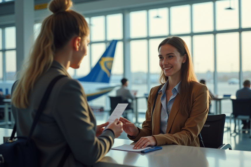 Jeune femme à l'aéroport remettant son passeport