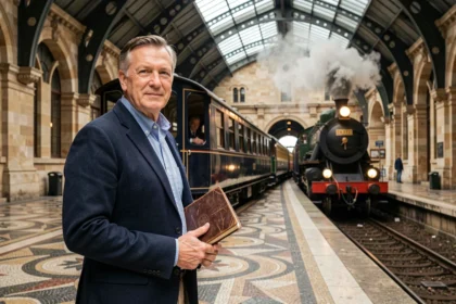 Passionné de train en blazer marine debout sur un quai historique à côté d'une voiture de l'Orient Express aux couleurs bleu nuit et or