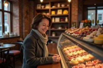 Femme dégustant du marzipan dans une pâtisserie de Lübeck