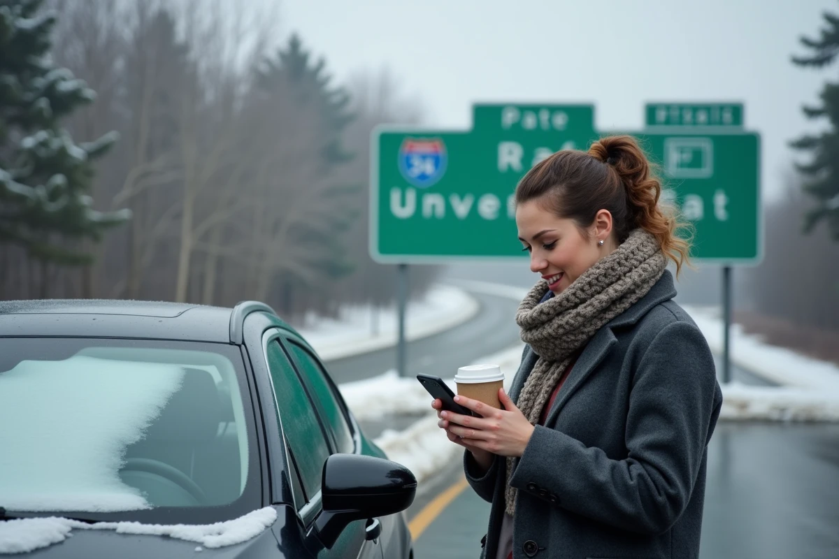 Femme faisant une pause dans une aire de repos enneigée lors d'un trajet hivernal vers New York