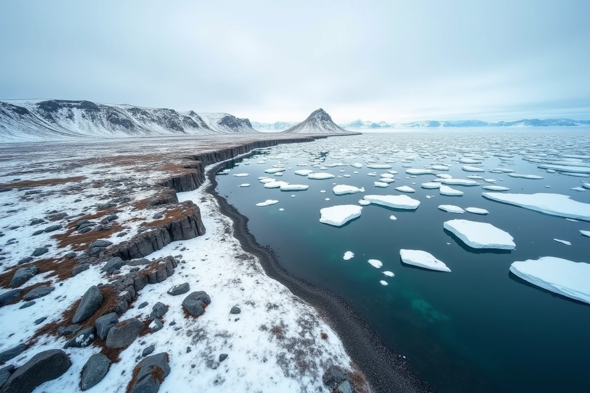Vue aérienne du paysage arctique du Groenland avec toundra gelée et glaces flottantes en automne