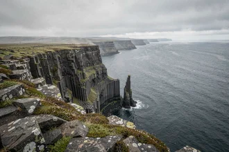 Paysage côtier islandais avec falaises volcaniques basaltiques et océan Atlantique Nord sous ciel couvert