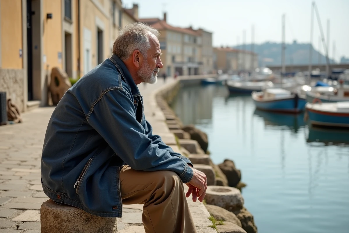 Pêcheur assis sur le quai du vieux port de Gruissan contemplant les bateaux amarrés