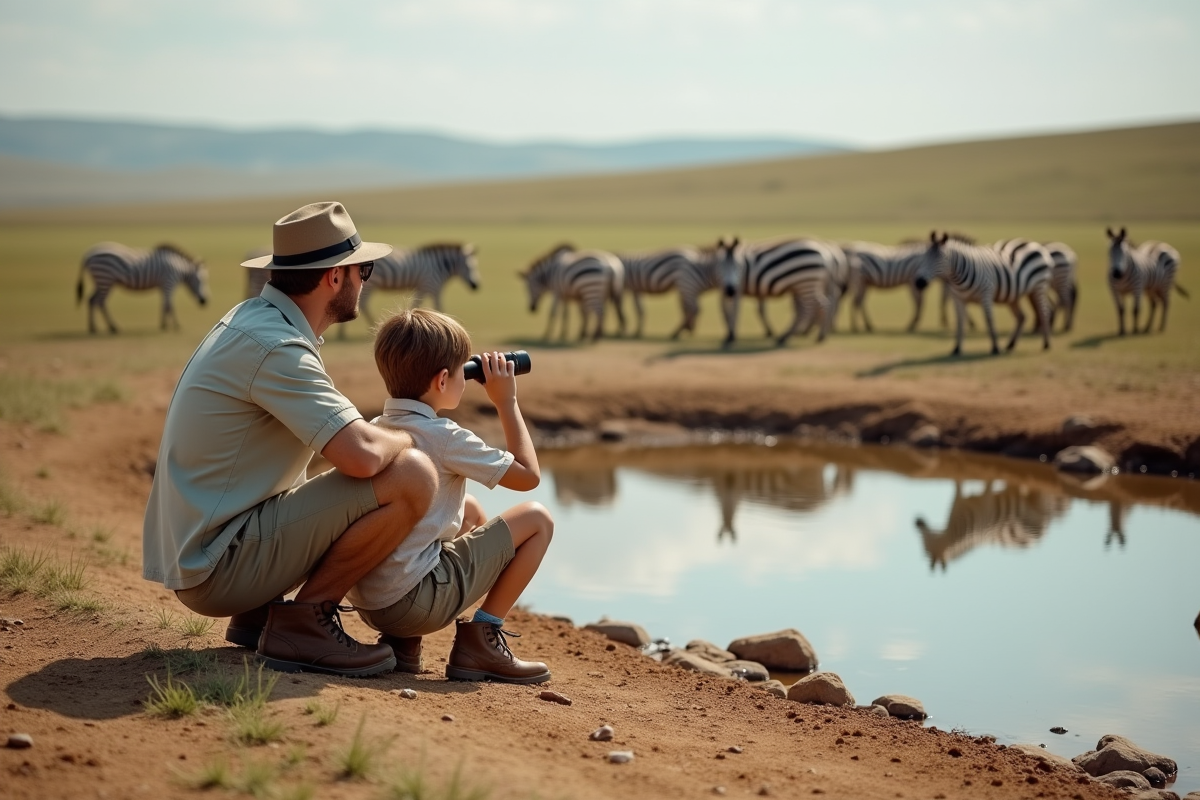 Père et fils observant des zebres au point d