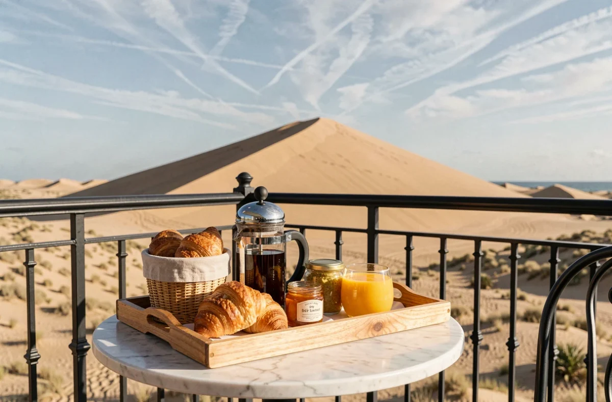 Petit-déjeuner gastronomique servi sur un balcon d'hôtel avec vue sur la Dune du Pilat en arrière-plan