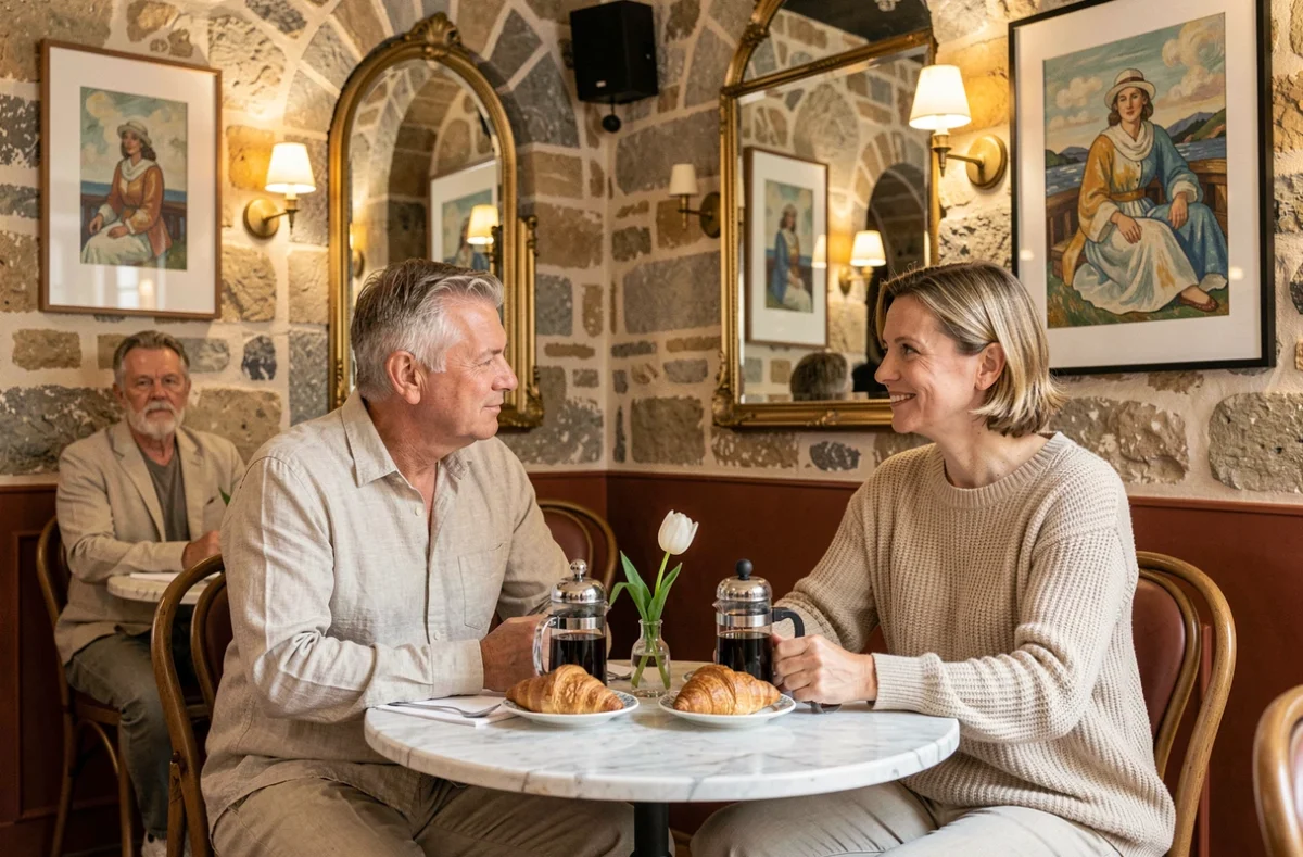 Salle de petit-déjeuner cosy du Paris Orsay Hôtel avec couple attablé devant des croissants et un café dans un cadre parisien authentique
