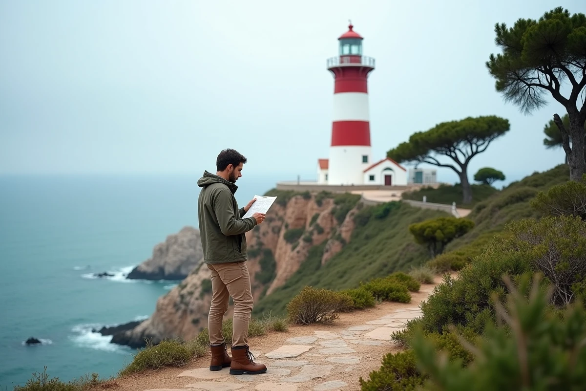 Touriste consultant une carte devant le phare du Cap Spartel à Tanger avec vue sur le détroit de Gibraltar et l'Atlantique