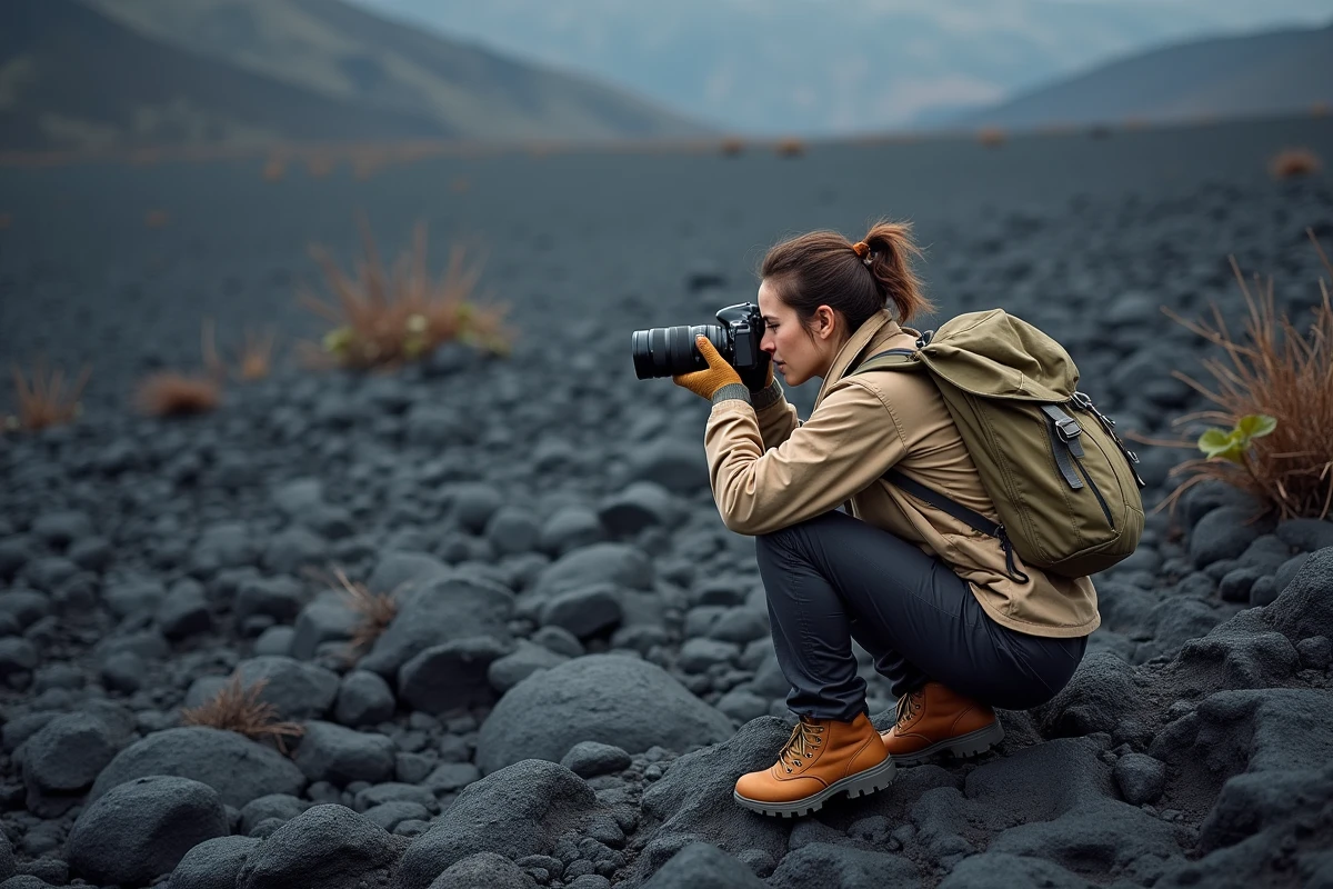 Photographe explorant les champs de lave solidifiée sur les flancs du volcan Nyiragongo en RDC