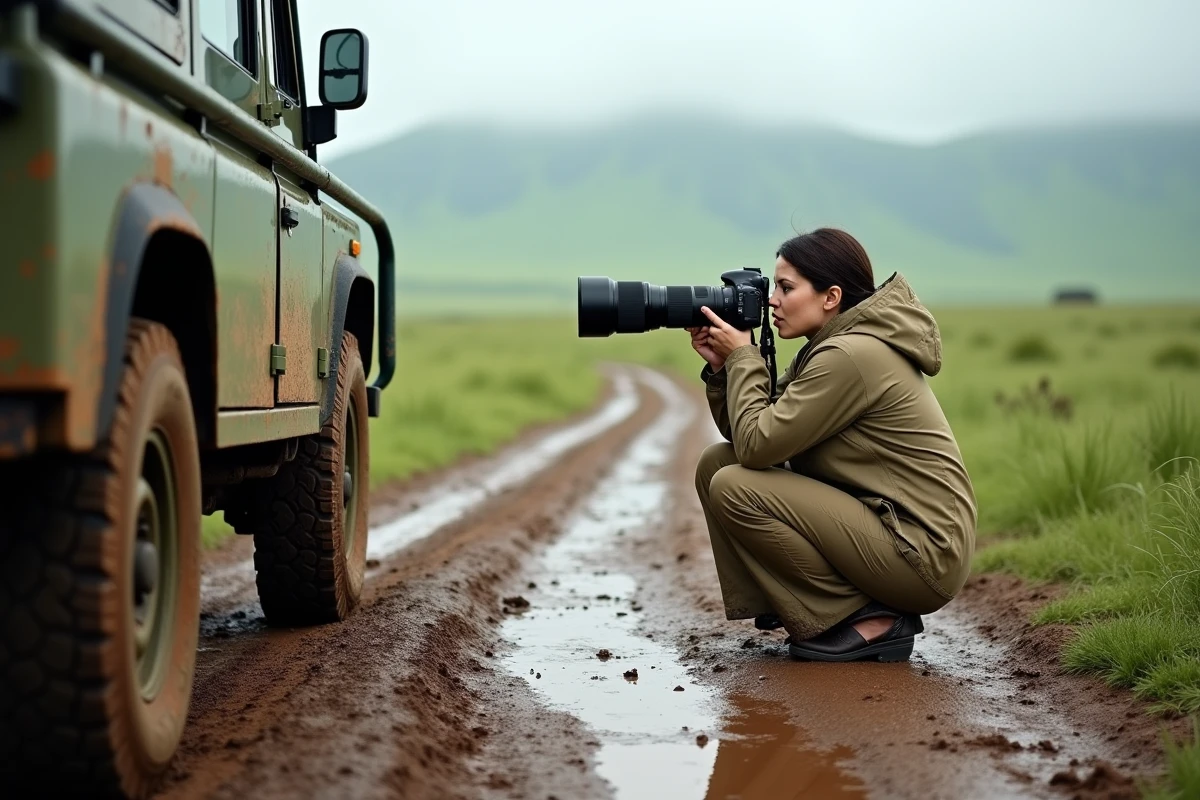 Photographe animalier au bord d'un jeep safari sur une piste boueuse du Serengeti sous la pluie