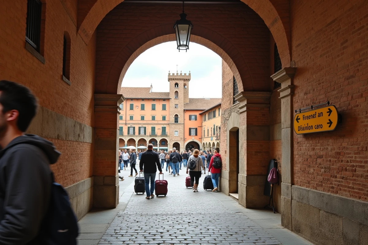 Vue de la Piazza del Campo à Sienne depuis une ruelle médiévale avec un panneau directionnel et des touristes traversant la place