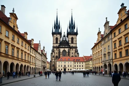 Place de la Vieille-Ville de Prague avec l'église Týn en arrière-plan et les pavés historiques au premier plan