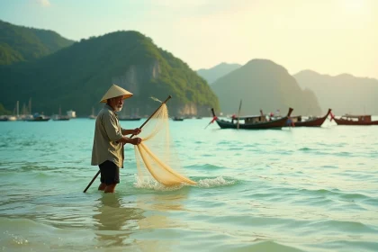 Pêcheur vietnamien en chapeau conique lançant un filet dans les eaux turquoise de Phu Quoc au Vietnam