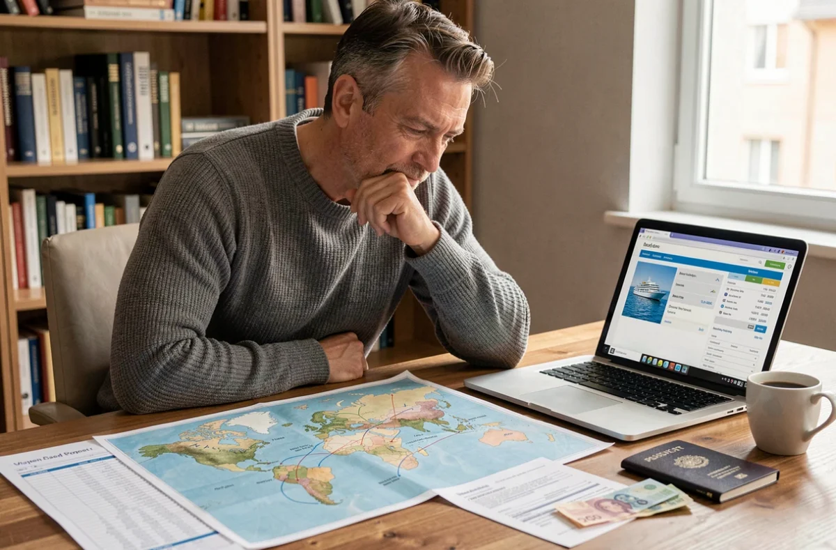 Homme planifiant son budget pour une croisière autour du monde avec carte, passeport et devises étrangères