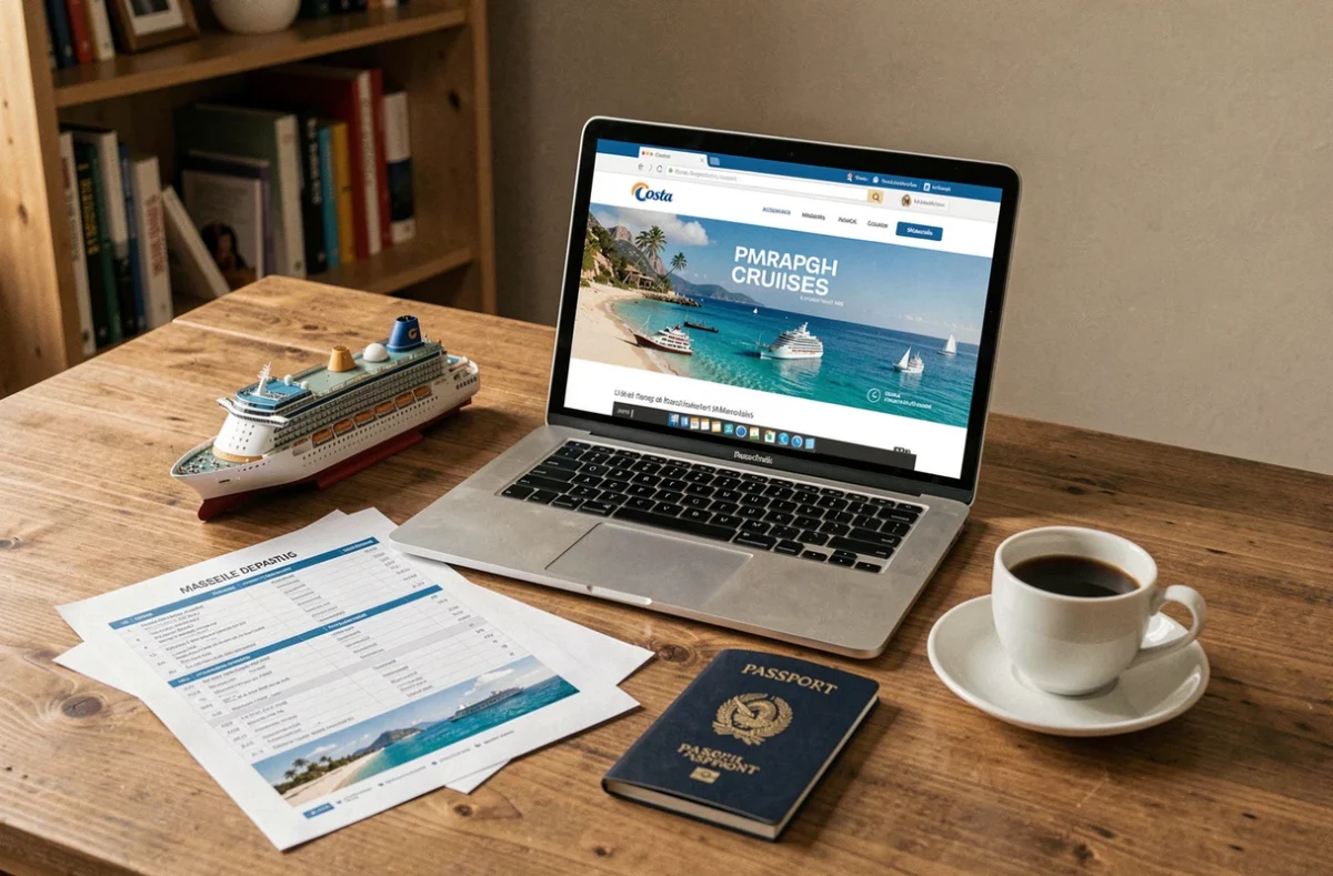 Bureau de planification de croisière Costa avec site web et documents de voyage depuis Marseille