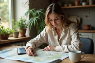 Femme planifiant ses vacances avec un atlas Michelin ouvert sur une table en bois, smartphone et café à portée de main
